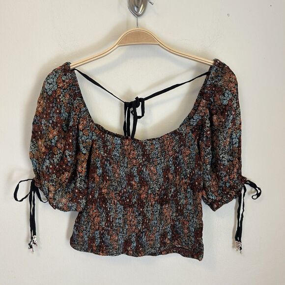 Free People Back‎ On Puff Sleeve Smocked Crop Top Womens XS Ditsy Floral NEW - Picture 1 of 5